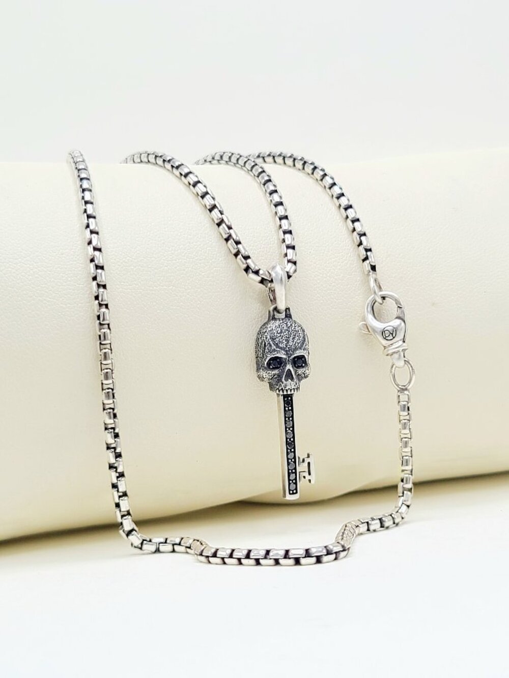 David Yurman Skull Key Pendant w/ Black Diamonds & DY Box Chain Necklace - 20"
